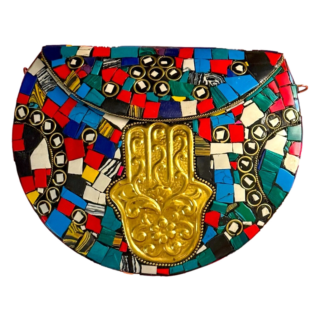 RAMLA Moroccan Handmade Mosaic Clutch with embossed Hamsa Hand chain crossbody